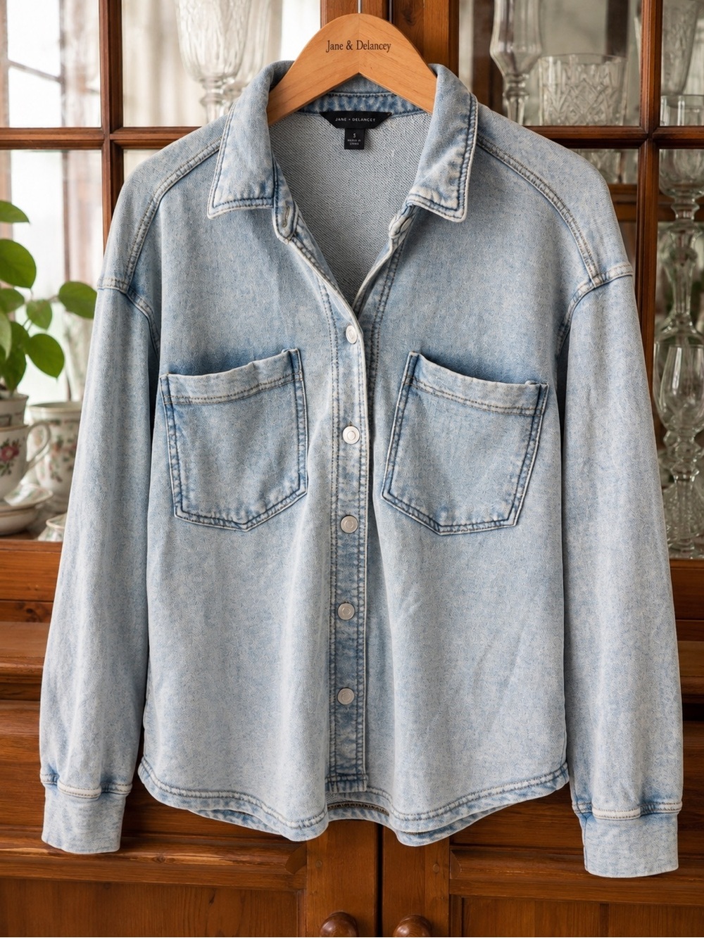 Jane & Delancey Acid Wash French Terry Shacket Blue Size S Oversized